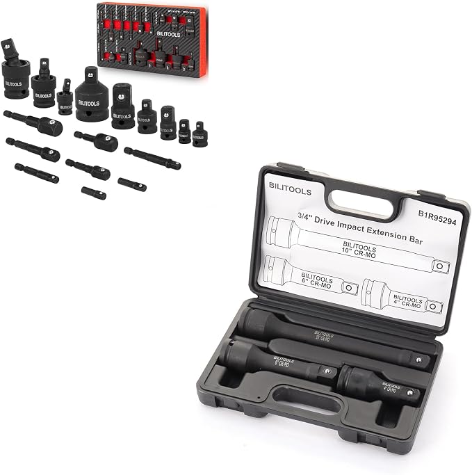 BILITOOLS Socket Adapter Set 17 Piece includes Reducer, Universal Joint Socket Set, Drill Adapter 1/4" 3/8" 1/2"&B 3/4 inch Drive Extension Set Impact Grade Socket Ratchet Extension Bar Set 4"