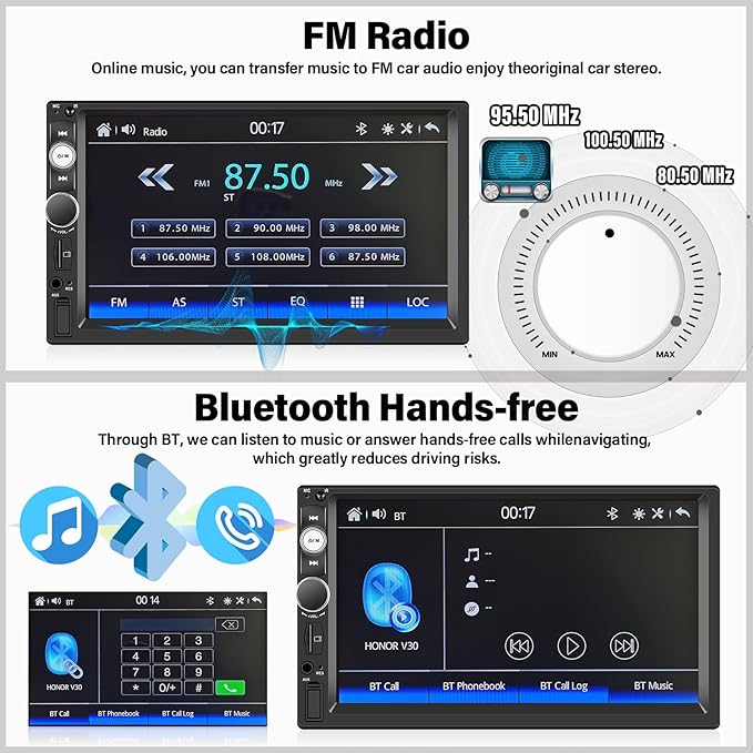 Double Din A-pple CarPlay Car Stereo with Carplay Android Auto,Bluetooth,7" HD Touchscreen 2 Din Car Radio Car Multimedia MP5 Player AUX/USB/TF Card Input Mirror Link,FM,SWC+12 LEDs-Backup Cam Mic USB