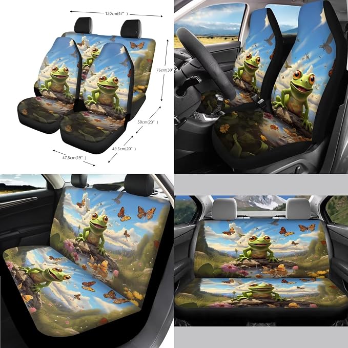 Poceacles Frog Butterfly Car Seat Cover Full Set for Women Men, Car Steering Wheel Cover Seatbelt Strap Cover Auto Coasters + 2Pcs Keychains + Tissue Box, Set of 13