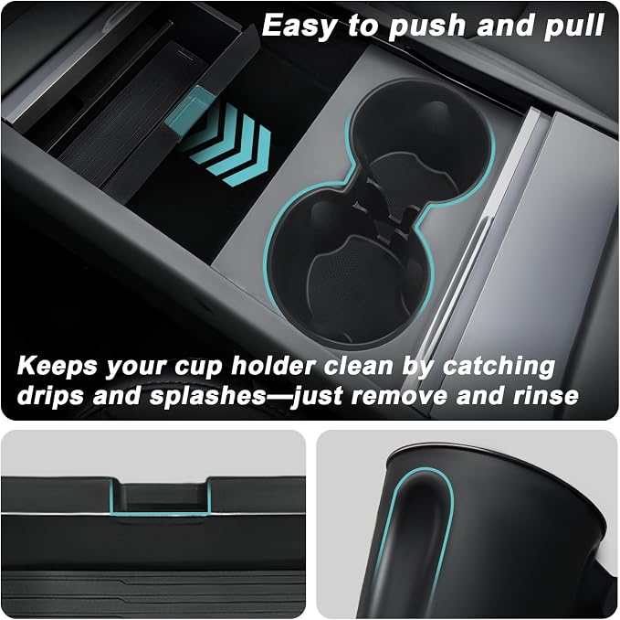 BestEvMod 5PCS Center Console Organizer Compatible with 2026 2025 Tesla New Model Y Juniper Accessories ABS Slide Smoothly Cup Holder Insert Wireless Charger Mat Silicone (Black) Not fit Standard