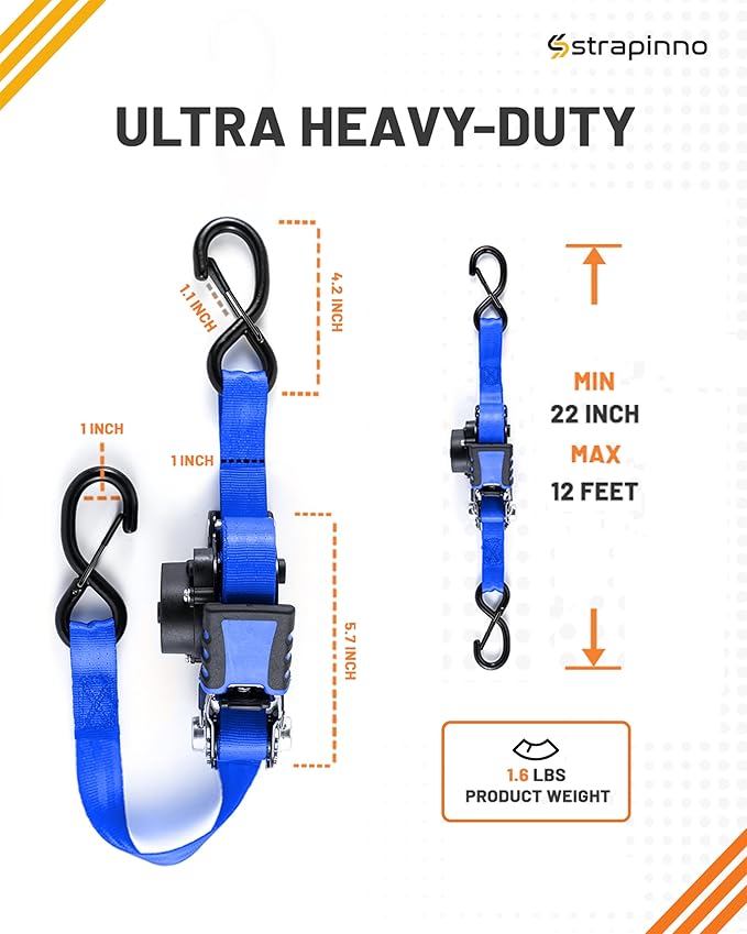 Strapinno Retractable Ratchet Straps - 1 in x 12 ft Heavy Duty Tie Downs, 1800lbs Breaking Strength Each, S Hooks with Safety Clip, AutoRetract, for Moving, Motorcycle, Boat, Kayak, and Cargo (4 PCS)
