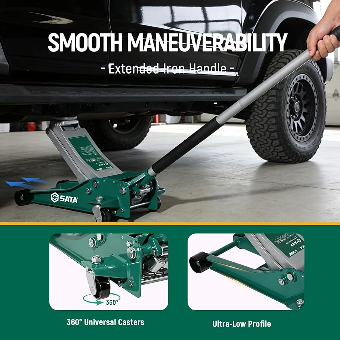 SATA 3-Ton (6,600 lb) Heavy-Duty Steel Floor Jack Ultra-Low Profile Design (2-11/16” Height) with Dual-Piston Quick Lift Pump, Tested for 1.5X Overload for Ultimate Safety