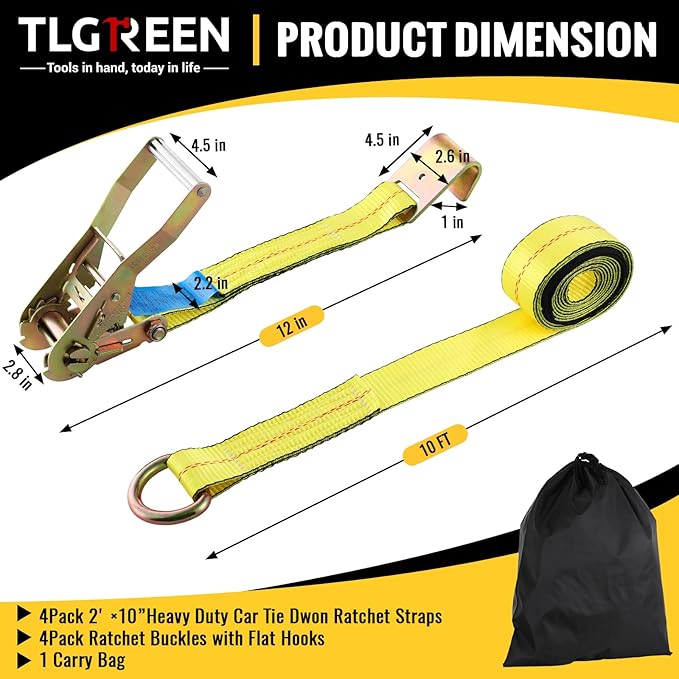 TLGREEN 4 Pack Car Tie Down Straps for Trailers - 2" x 10' -10,000LBS Break Strength Heavy Duty Ratchet Straps with Flat Hooks, for Hauling Truck, SUV, UTV, Motorcycle (Includes Storage Bag) Yellow
