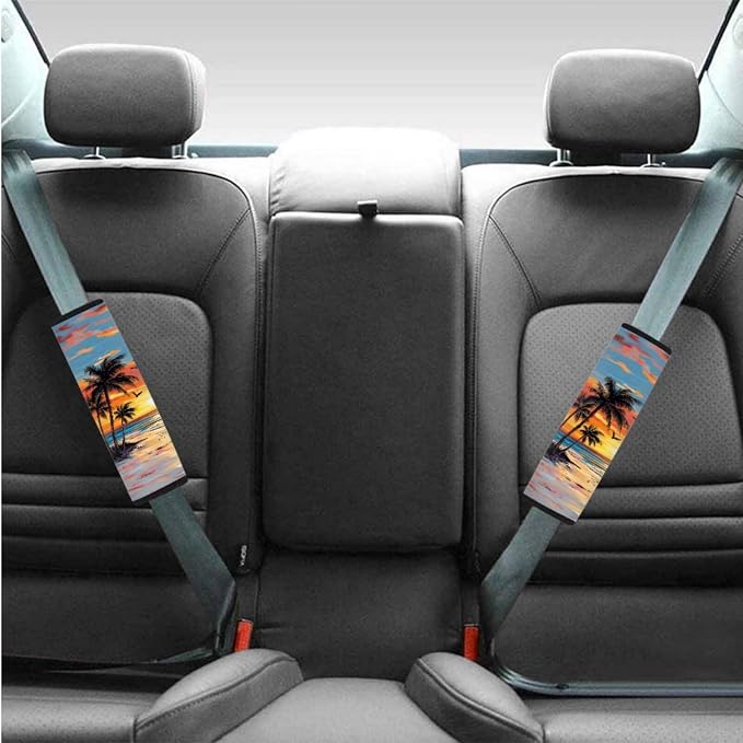 BIGCARJOB Hawaii Palm Car Seat Covers Set for Front and Rear 12 Pcs Car Interior Accessories Full Set with Console Cover,Steering Wheel Covers,Seat Belt Pads