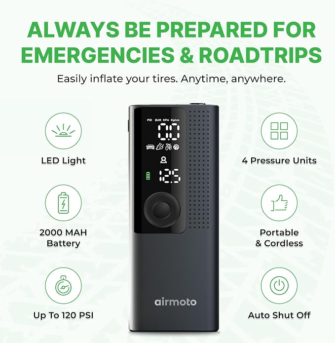 Airmoto and Carrying Case Bundle Deal - Tire Inflator Portable Air Compressor with Hard Case - Air Pump for Car Tires, Motorcycle, Bicycle - Cordless Tire Pump with Tire Pressure Gauge