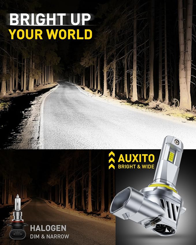 AUXITO Latest 9005/HB5 Light Bulbs, 50,000LM Ultra Brightness, 1:1 Halogen Size, 6500K Cool White, 20-Year Long Service Life Fog Light with Cooling Fan, Plug and Play No Flicker, Pack of 2