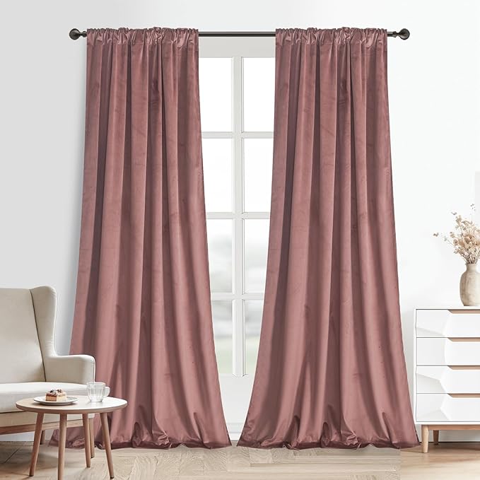 Roslynwood Luxury Soft Brick Dust Velvet Curtains 84 inches Long Back Tab Thermal Insulated Blackout Window Drapes for Living Room/Bedroom/Dining Room, W52 x L84, 2 Panels
