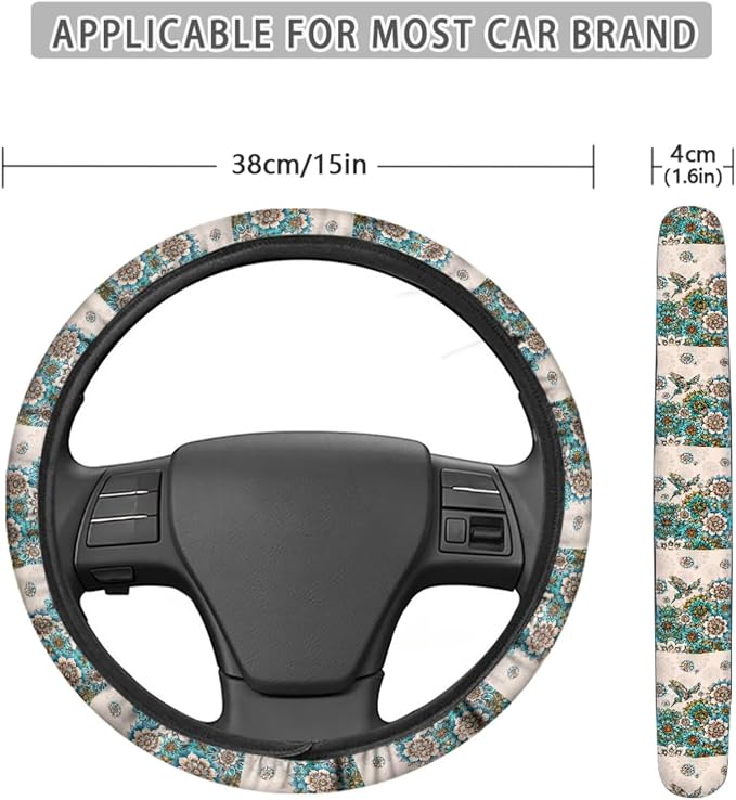 Boho Mandala Hummingbird Pattern 13 Pieces Car Accessories Interior Set, Non Slip Car Front and Rear Seat Cover, Steering Wheel Cover, Seat Belt Cover Pad Coasters, Gift for Friend and Family
