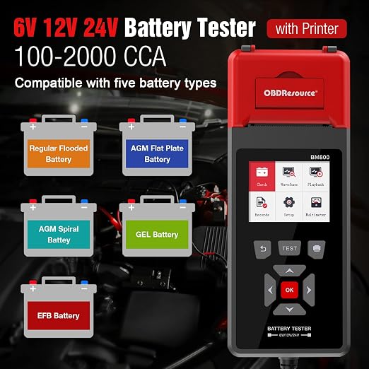 Car Battery Tester with Printer 100-2000 CCA 6V 12V 24V ELMCONFIG BM800 Battery Load Tester with Car Cranking and Charging System Analyzer Scan Tool for Cars, Trucks & Motorcycles (3PCS Thermal Paper)