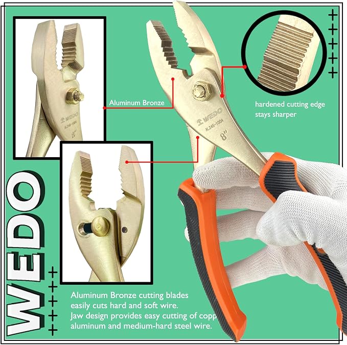 WEDO Non-Sparking Slip Joint Pliers 8", Spark-free Safety Wire Cutter Pliers, DIN Standard, BAM & FM Certificate, Opening Max 13mm, Aluminum Bronze