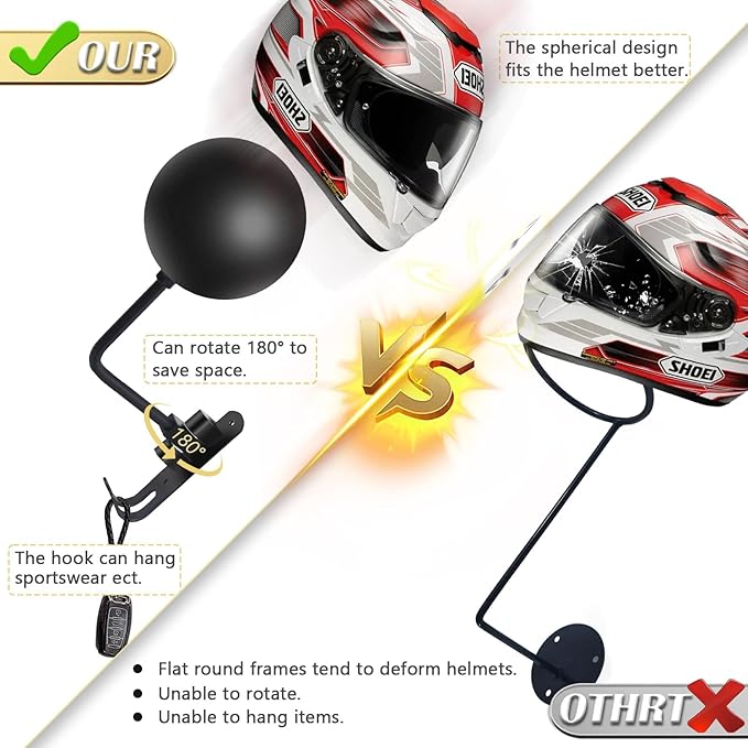 Kikerike Motorcycle Helmet Rack Wall Mount 180 Degree Rotation Metal Bike Helmet Holder Mount Bicycle Helmet Display Hanger Stand with 2 Hooks for Motorcycle Bike Baseball Rugby Helmet - Black, 3 Pcs