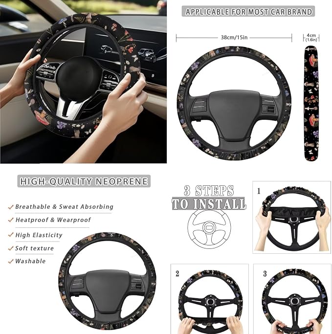 Mushroom Car Seat Cover Full Set 15 PCS, with Auto Steering Wheel Cover Seatbelt Shoulder Pad Coasters Garbage Bin Rear View Mirror Cover Keychain