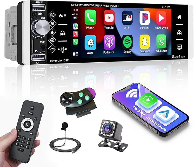 Inefala 5.1" Touchscreen Single Din Radio Carplay Android Auto Car Stereo with Bluetooth Car Audio Receiver FM EQ SWC TF AUX USB with Backup Camera