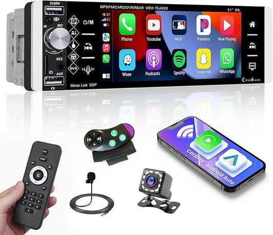 Inefala 5.1" Touchscreen Single Din Radio Carplay Android Auto Car Stereo with Bluetooth Car Audio Receiver FM EQ SWC TF AUX USB with Backup Camera