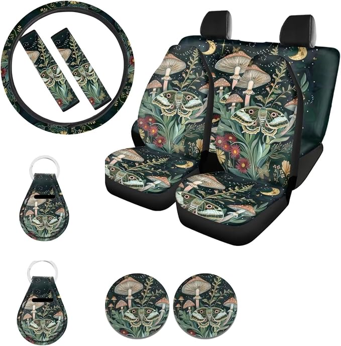 Ystardream Retro Moth Mushroom Car Seat Covers Full Set for Women Girly Car Seat Covers with Matching Steering Wheel Cover Machine Wash Automatic Interior Set Green