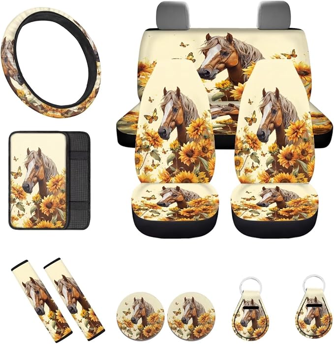12pcs Auto Interior Set - Sunflower Butterfly Horse Car Seat Cover, Coaster, Sunflower Keychain, 15 Inch Steering Wheel Cover, Seatbelt Pad for Men Women Car Decor Accessory