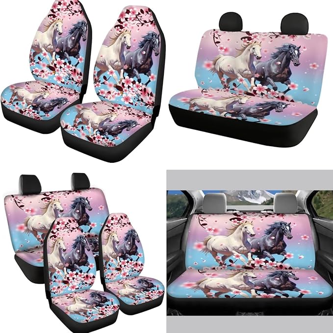 12 Pcs Pink Cherry Blossom Horse Car Seat Covers Full Set,Car Protectors,Universal Fit Front Back Seat Cushion/Seatbelt/Steering Wheel Cover/Anti Slip Coaster/Keychains for Cars SUV Truck