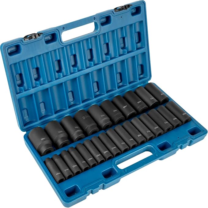 VEVOR 1/2 Inches 26 Piece Impact Sockets, Shallow Socket, 6-Point Sockets, Rugged Construction, CR-M0, 1/2 Inches Drive Socket Set Impact Metric 10mm - 36mm, with a Storage Case