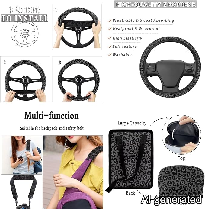 Dreaweet Black Leopard Print Car Seat Covers Full Set for Women,Cheetah Steering Wheel Cover Seat Belt Cover Pad Cup Car Coasters Trash Bag Vent Storage Bag Rearview Mirror Cover Keychain,15 Pcs Set