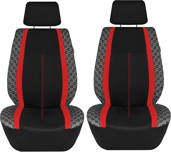 We Are Young Life is Fun™ Checker Car Seat Covers Universal Fit Interior Accessories Full Set Red Seat Cover Combo Steering Wheel Cover and Seat Belt Pads, Airbag and Split Rear Car Seat Covers