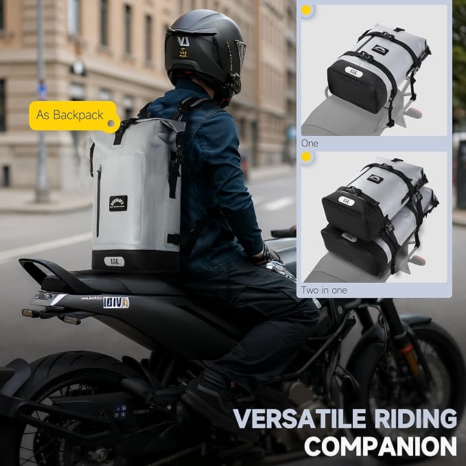 Motorcycle Tail Bag, 15L Waterproof Motorcycle Saddle Bag | 2 Size and 3 Color Options Luggage Bag, PVC Travel Bag, Rear Seat Bag, Stone Grey GT-15GRY