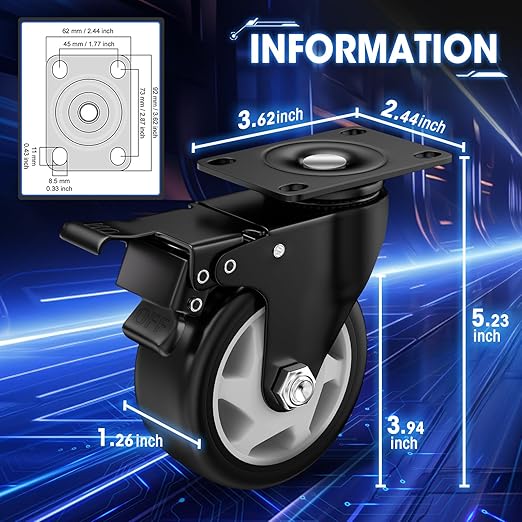4" Heavy Duty Plate Casters, 1200 Lbs Dual Brake - Set of 4 | Black 360° Swivel Casters. Dual-Pedal Easy Lock/Unlock. Soft PU Wheels Won't Mark Floors. For Workbench, Furniture, Cart.