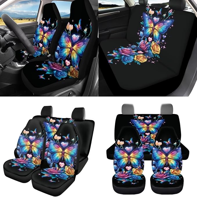 8 Pcs Dream Butterfly Car Seat Covers Full Set Car Accessories for Women Front Seat Cover Steering Wheel Armrest Cover Seat Belt Cover for Auto SUV Interior Decoration