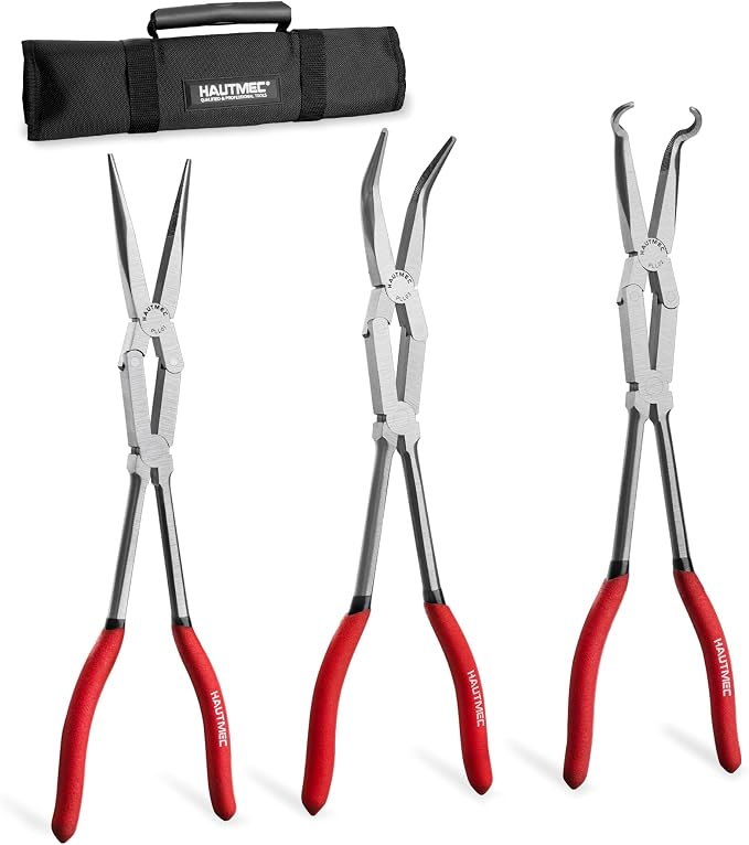 HAUTMEC Extra Long Needle Nose Pliers Set, 3PCS 13" Double Joint Long Reach Pliers, Circle Nose, Straight & 45° Bent Nose Plier, Extended Reach for Narrow Spaces, Automotive & DIY Repairs