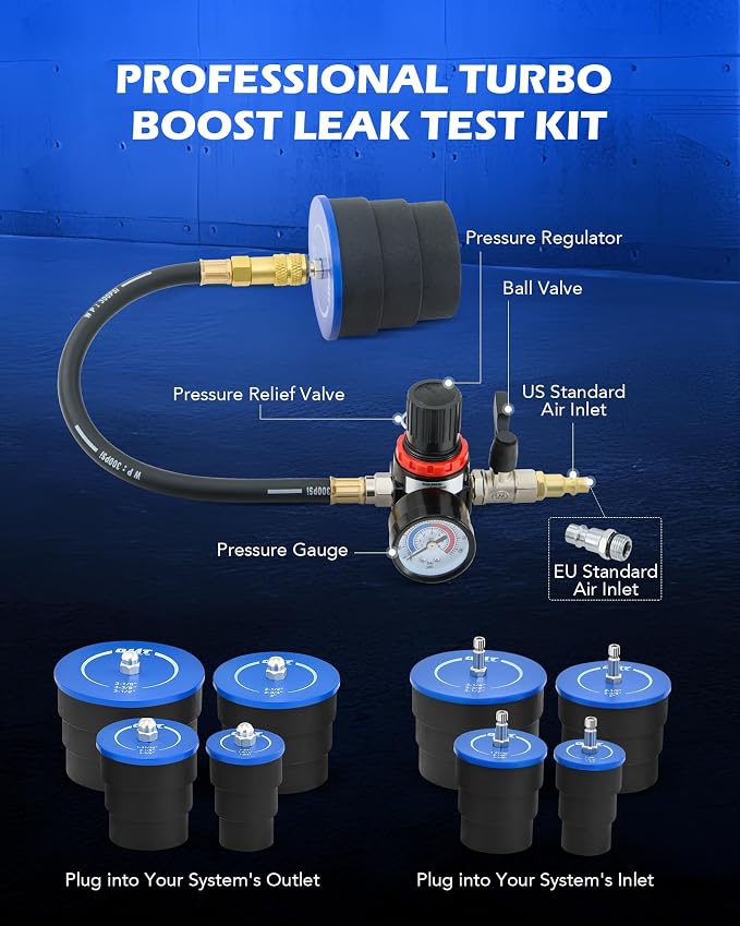 Orion Motor Tech Turbo System Leakage Tester Kit, 10pc Turbo Boost Leak Tester Set with 4 Pairs of Stepped Adapters 1-3/8" to 3-1/2", Turbo Pressure Leakage Tester for Cooling Emissions Exhaust Pipes