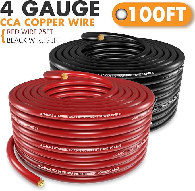 Jeemiter 4 Gauge CCA Wire Complete Kit: 100ft (50ft Red + 50ft Black) for Multiple Amp Rigs & Full Vehicle Audio Install | Includes All Terminals