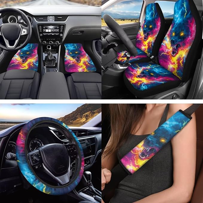 18 Pcs Cool Lightning Wolf Car Interior Accessories Set, Car Seat Covers Full Set with Auto Steering Wheel Cover Floor Mats Armrest Pad Seat Belt Pads Handle Wraps Cup Coaster Keychain