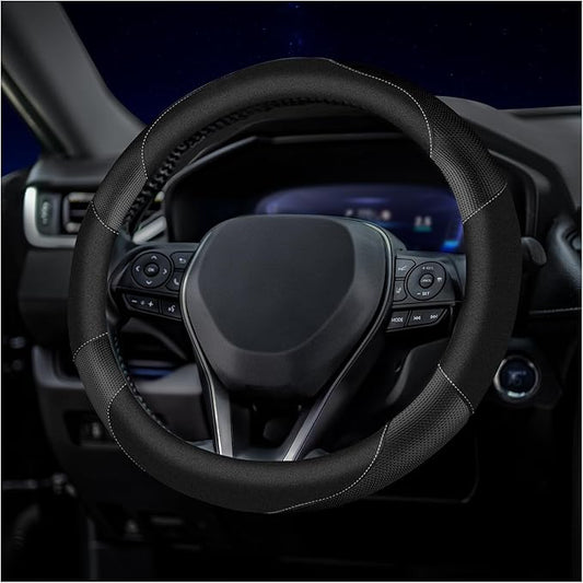 Soft Leather Steering Wheel Cover with Breathable Design and Anti-Slip Grip, Fully Compatible with Tesla, Toyota, Honda, Nissan 14.5-15.2 inch Round Steering Wheel（Sedans and SUVs）