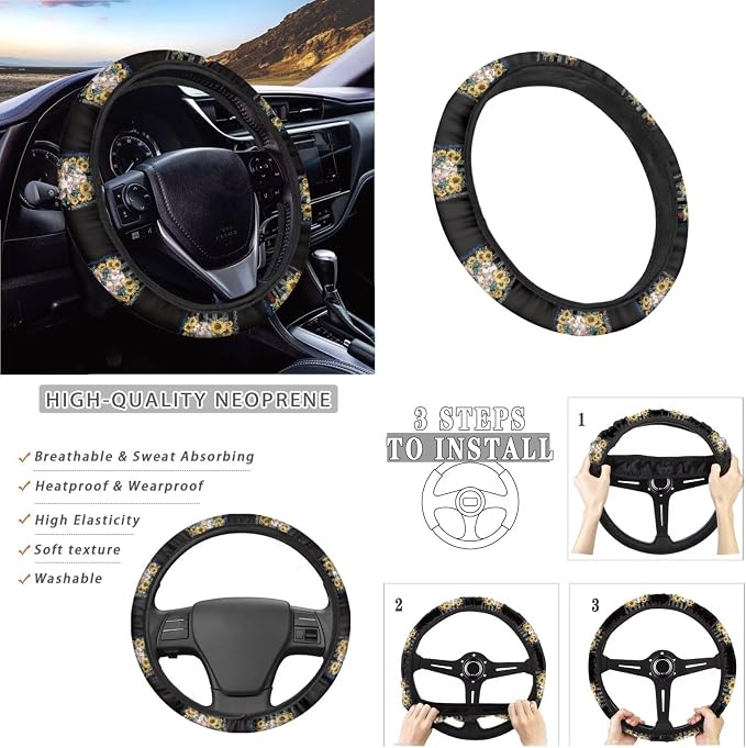 Cow Sunflower American Flag Print Car Accessories Pack of 13, Car Front and Rear Seat Covers Set of 4, 1 Steering Wheel Cover, 4 Wear Resisting Safe Belt Pad, 4 Cup Coasters for Women Men