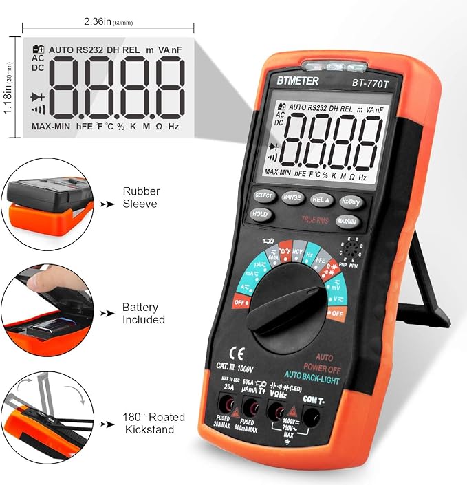 True RMS Digital Multimeter Tester 6000 Counts AC DC 20A Ohmmeter Voltmeter DMM Measure Voltage Current Amp Resistance Diodes Continuity Duty-Cycle Capacitance Temperature (BTMETER BT-770T)