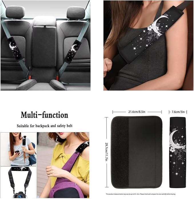 Ystardream Starry Moon Car Seat Covers Full Set for Women Rubber Steering Wheel Cover Armrest Cover Seatbelt Covers Polyester Fabric Front Seat Rear Backrest Cover Bottom Cover Universal