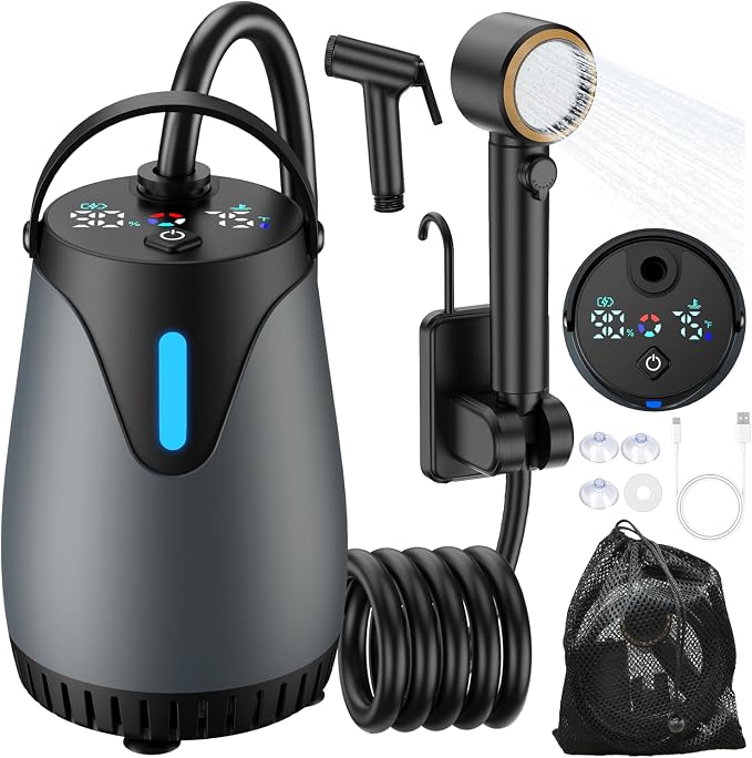 Portable Shower for Camping, 8000mAh Rechargeable Camp Shower Pump, LED Display Temp & Power, 5 Pressure Settings, 4 Spray Modes (+Spray Gun), IPX8 Waterproof, Ideal for Outdoor, Beach, Pet, Car Wash