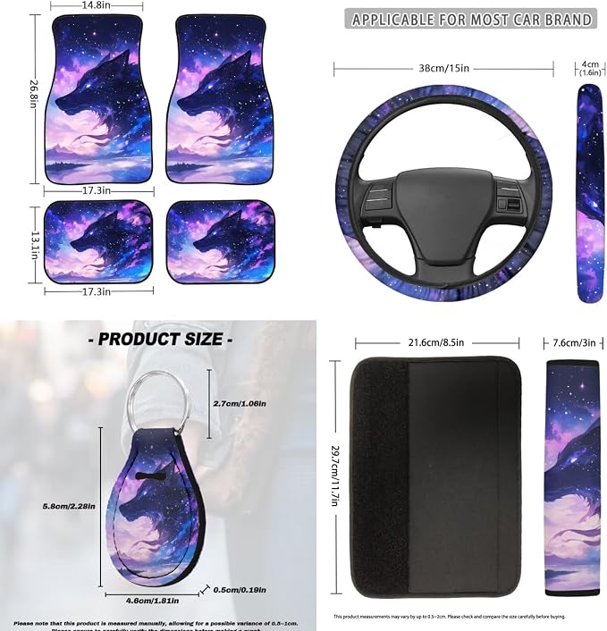 18 Pcs Purple Nebula Wolf Car Seat Covers Full Set Auto Interior Accessories with Steering Wheel Cover Floor Mats Armrest Cover Seat Belt Pads Roof Handle Wraps Cup Coaster Keychain