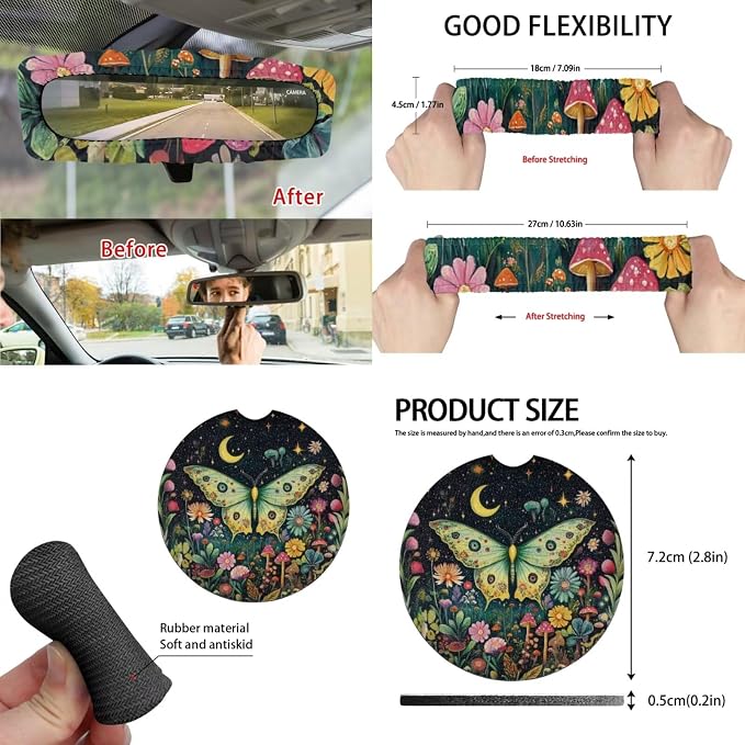 Moon Moth Seat Covers for Cars Full Set 15 Pcs Car Accessories Steering Wheel Cover Seat Belt Pads Car Coasters Trash Bag Rearview Mirror Cover Keychain