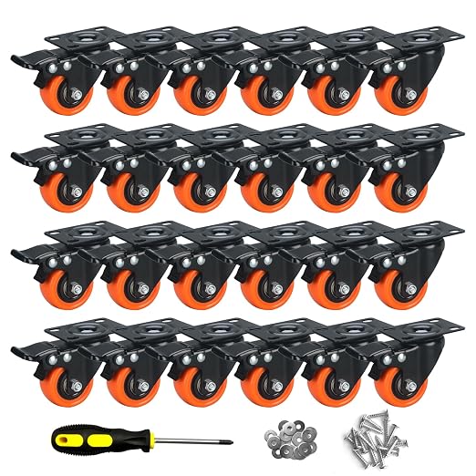 2" Caster Wheels Set of 24, Heavy Duty with Brake | No Noise, Locking, Polyurethane (PU) Wheels, Swivel Plate, Orange, Pack of 24