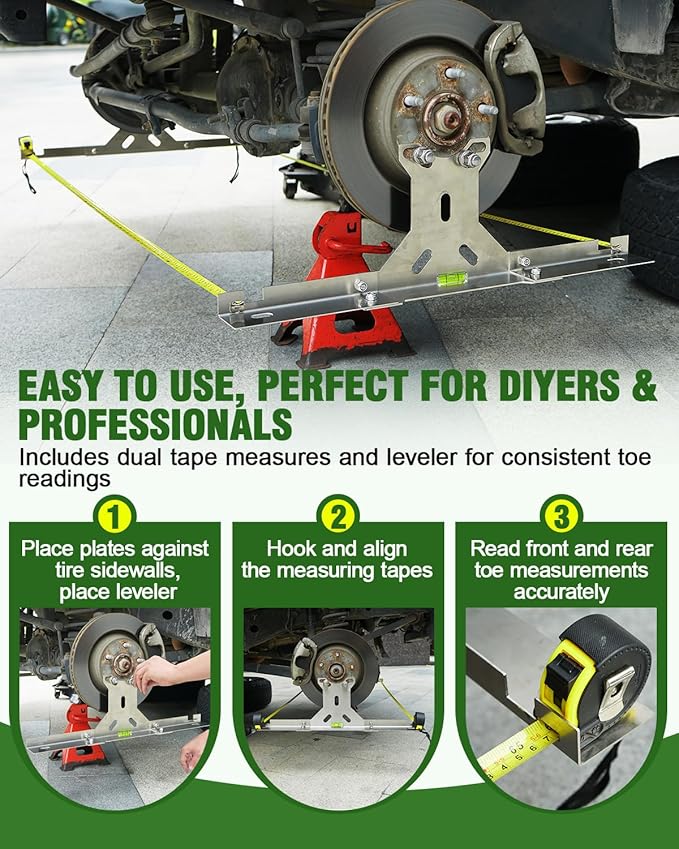 Wheel Toe Alignment Tool Kit for at Home DIY Garage Use, Stainless Steel Toe Plates with Dual Tape Measures, Quick Front-End Toe Check for Automotive Cars Trucks SUVs (Patent Design)