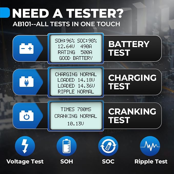 TOPDON AB101 Car Battery Tester 12V Car Battery Load Tester on Cranking Charging Systems, 100-2000 CCA Automotive Alternator Analyzer for Cars/SUVs/Light Trucks with Flooded AGM Gel Types