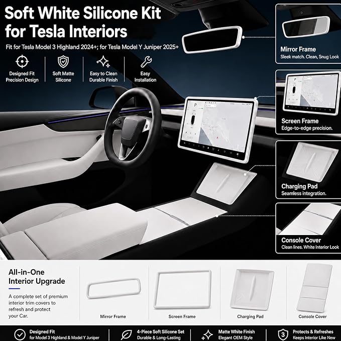 4Pcs White Soft Silicone Interior Kit for Tesla Model 3 Highland 2024-2026 & for Model Y Juniper 2025-2026, Center Console Cover, Screen Bezel, Charging Pad Mat, Mirror Frame