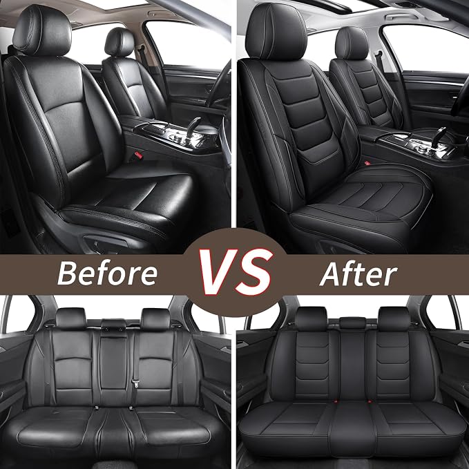 Leather Car Seat Covers Full Set Breathable Automotive Seat Protectors, Waterproof Universal Fit for Most Cars, SUVs, Trucks (Black, Full Set)