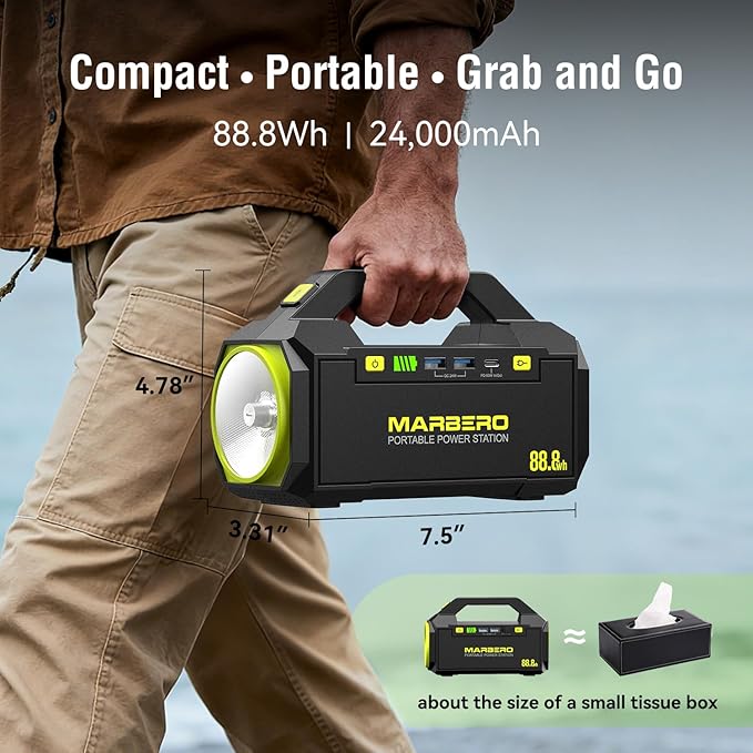MARBERO Portable Power Station 88.8Wh Camping Portable Charger with Flashlight High Lumens Fast Charging Power Bank with AC Outlet 100W (150W Surge) for Hiking Hurricane Backup Emergencies