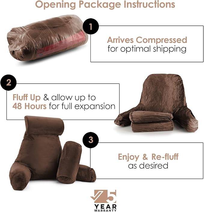 Nestl Reading Pillow with Shredded Memory Foam Includes 2 Neck and Lumber Support Pillows, Designed for Sitting Up in Bed and Couch, Back and Arms Adjustable Support for Adult & Teens, Chocolate Brown