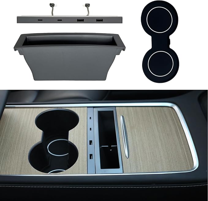 Center Console Organizer for Tesla 2021-2023 Model 3/Y Car Multi-Port USB Hub Charging Adapter USB Cable Organizer Cup Holder Pad for Tesla Accessories (3PCS)