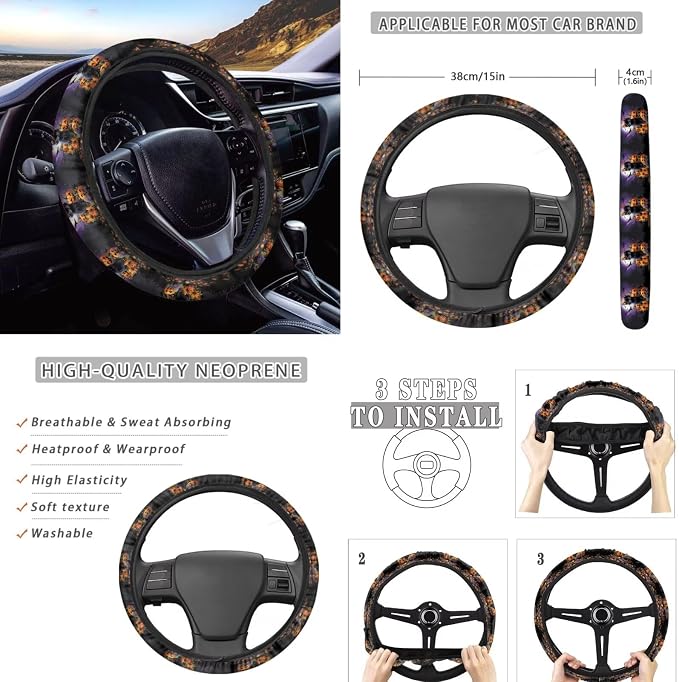 Black Cat Pumpkins Print Car Seat Covers Full Set with Car Steering Wheel Cover, Auto Armrest Pad Protector, Auto Seat Belt Pads, Automotive Halloween Decorations