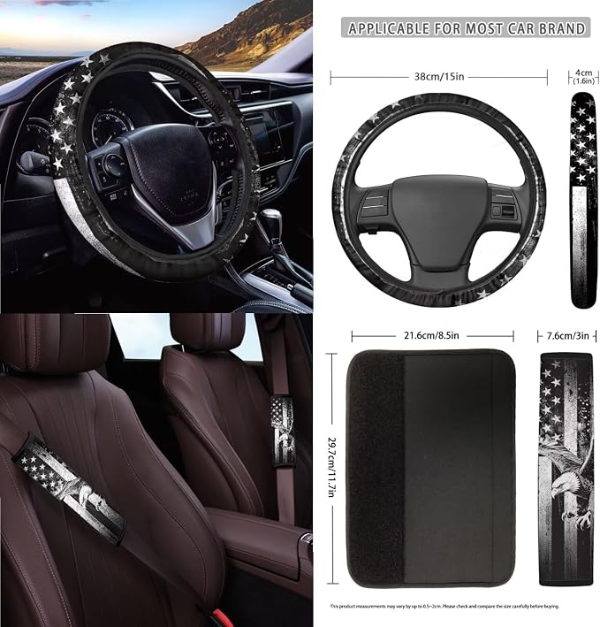 15Pcs Car Seat Cover Full Set Car Steering Wheel Cover Seat Belt Cover Trash Bin Air Vent Storage Box Front Rear View Mirror Car Cup Holder Keychain, Vintage American Flag Eagle