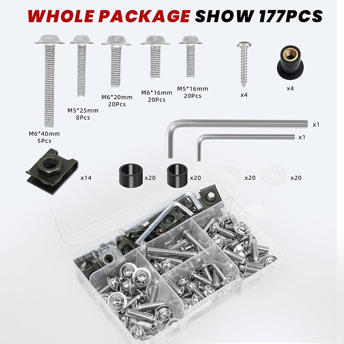 177Pcs Motorcycle Fairing Bolt Kit Silver, M5 M6 Stainless Steel Windscreen Screws Fastener Clips Universal Fit for Honda Kawasaki Suzuki Yamaha BMW Ducati GSXR Sportbike Motorcycle