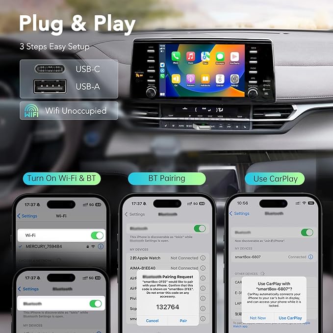 Wireless CarPlay Adapter 2026, 2-in-1 Convert Factory Wired CarPlay & Android Auto to Wireless, Plug and Play, Auto Reconnect, Compatible with iPhone & Android Phones, USB/USB-C, Light Grey